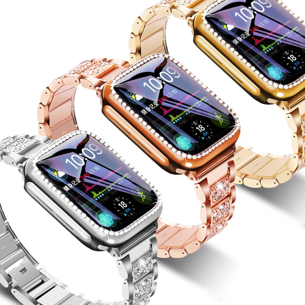 Compatible with Apple, Three Bead Diamond Bracelet Metal Full Diamond IWatch Stainless Steel