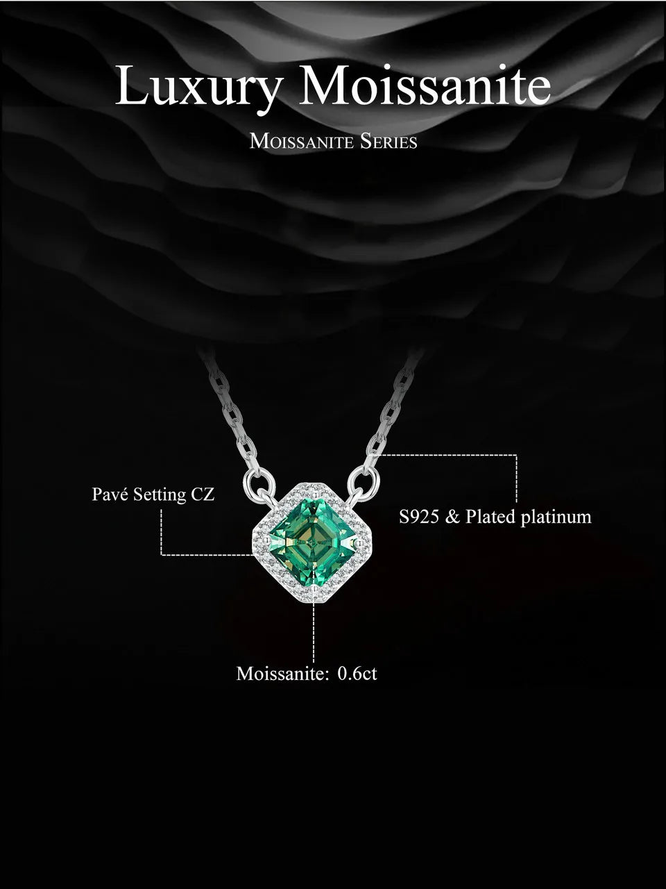 Square Green Sterling Silver Pendant Necklace  White Gold Plated .