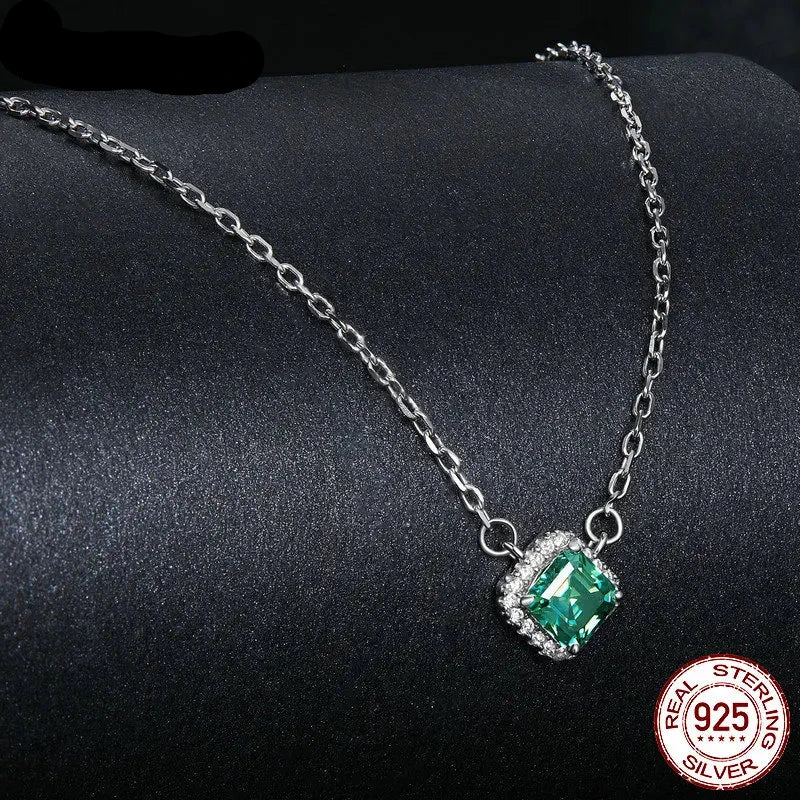 Square Green Sterling Silver Pendant Necklace  White Gold Plated .