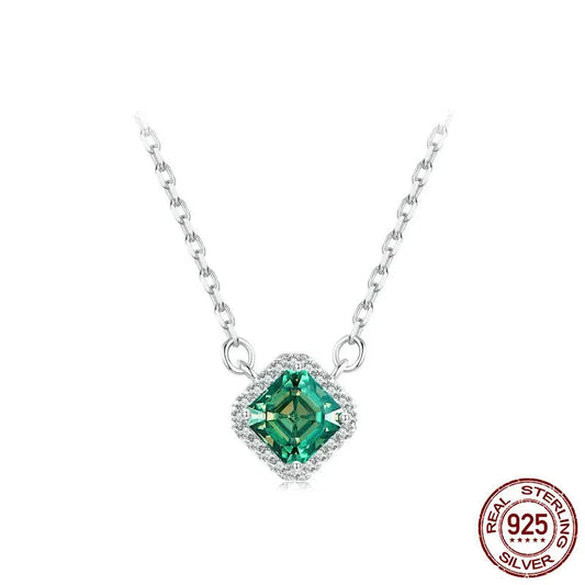 Square Green Sterling Silver Pendant Necklace  White Gold Plated .