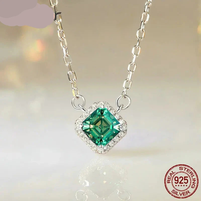 Square Green Sterling Silver Pendant Necklace  White Gold Plated .