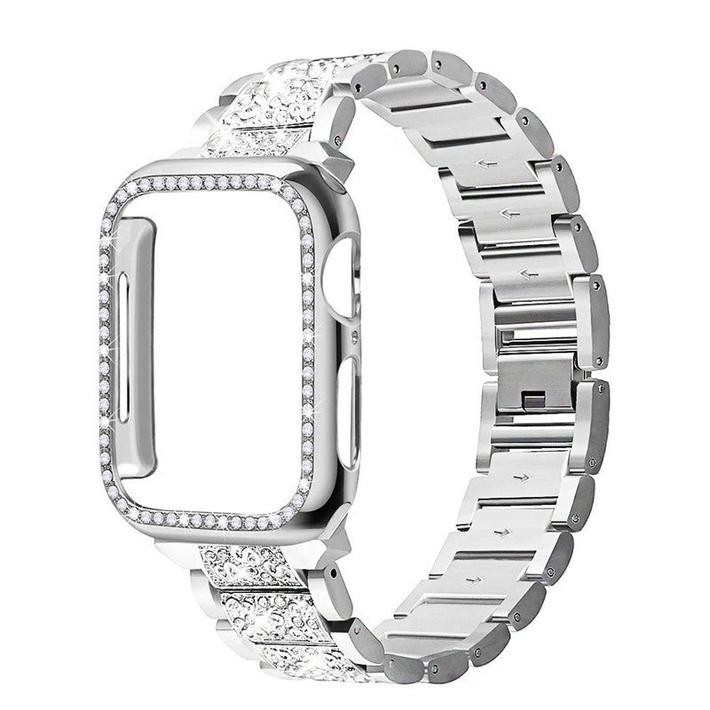 Compatible with Apple, Three Bead Diamond Bracelet Metal Full Diamond IWatch Stainless Steel